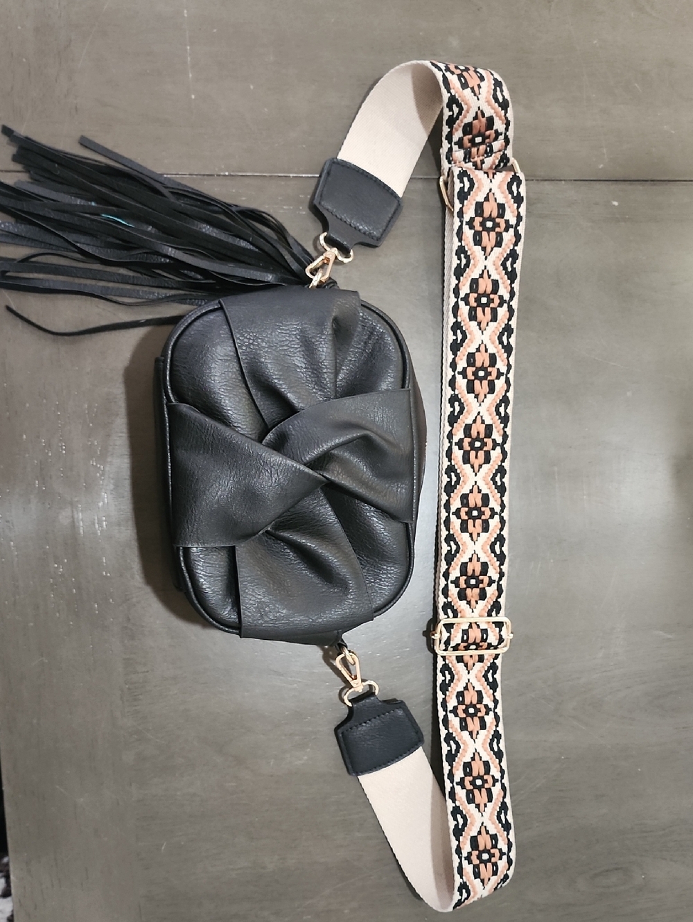 Black Twisted Leather Crossbody Bag with Patterned Strap